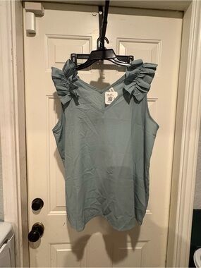 Sleeveless Ruffle Shoulder V-Neck Top - Light Blue